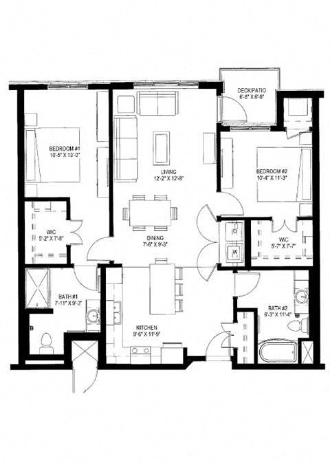 Floor plan for 2 beds, 2 baths, 1171 sqft